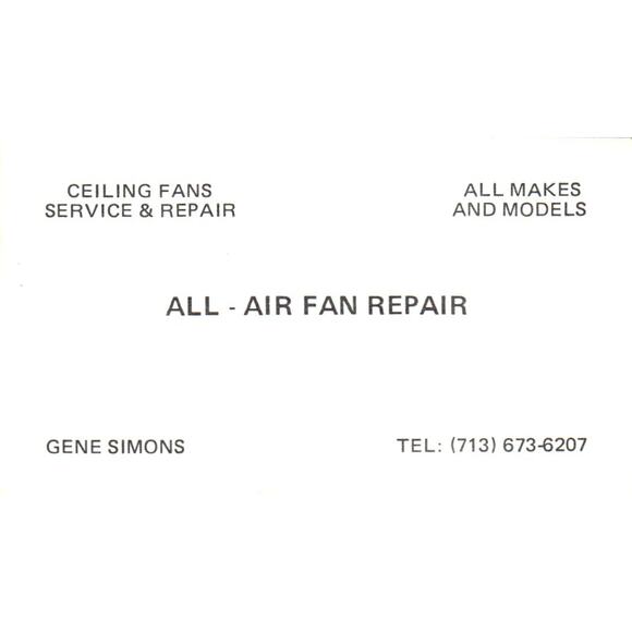 All - Air Fan Repair Gene Simons Houston TX Vintage Business Card SD4-B1 - Picture 1 of 2